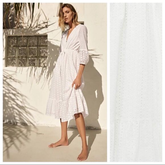 ZARA CUTWORK EMBROIDERY WHITE V-NECK MIDI DRESS - Picture 7 of 8